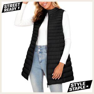 Ultra Light Long Down Puffer Vest with Stand Collar Winter Outerwear